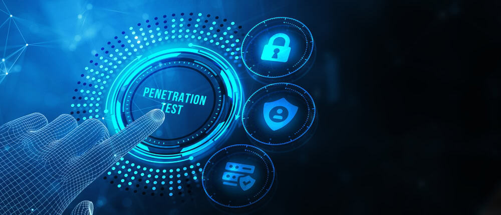 Digital illustration of a holographic interface with a hand touching a glowing "Penetration Test" button. Surrounding icons represent security features, including a padlock, shield, and server, all set against a dark blue tech-themed background.